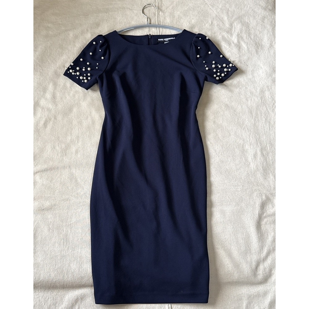 Karl Lagerfeld Paris Pearl Scuba Crepe Sheath Dress Navy Blue Size 2